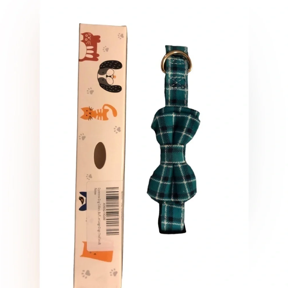 Dynmeow Dog Collar Small/Med Size Teal Plaid W/Bow 14-17” NIB Adjistable